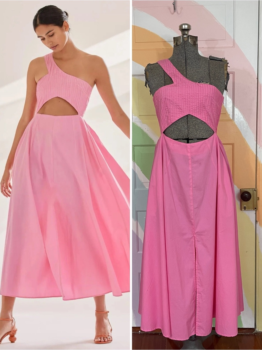 SWF Anthropologie Asymmetric Cut Out Cotton Midi Dress in Flossed Pink Sz S 🧡🎀